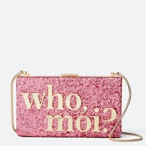 Kate Spade x Disney Miss Piggy "Who Moi?" glitter Emanuelle clutch in pink. 14 K